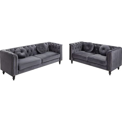 Vente-Unique – Canapé convertible 3 places en velours anthracite – Style vintage – Finition capitonnée – Charge maximale 360 kg – Dimensions 190x77x79 cm (1/5)