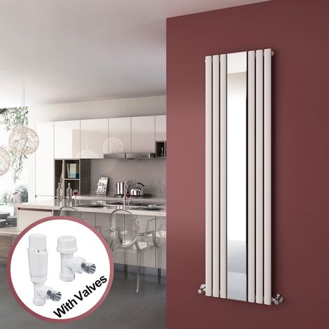 ELEGANT Vertical Column Designer Radiator White Oval Single Panel Rad 1800 x 500mm with Mirror + White Thermostatic Radiator Valves (1/5)