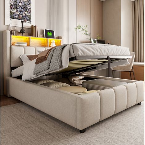 Bett Polsterbett Stauraum 90x200 Beige mit LED OKMYHOME (1/5)