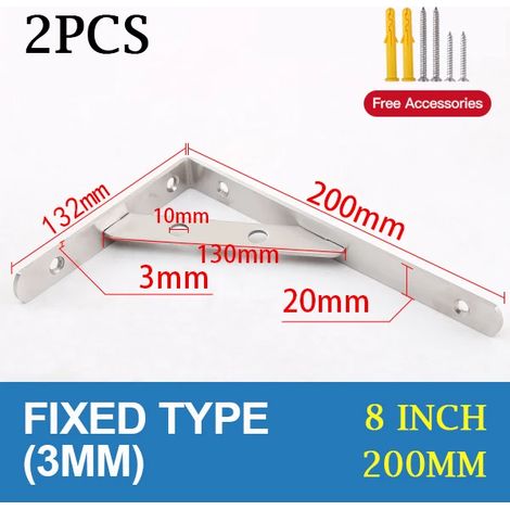 (Fixe 3 mm - 20 cm) 2 supports triangulaires en acier inoxydable pour étagère murale, support robuste, fixation murale, banc, table, étagère - quincaillerie (1/5)