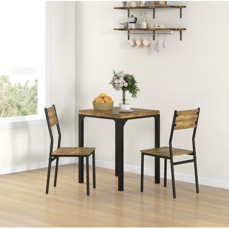 Ensemble de salle à manger 3 pièces MDF et métal brun rustique, 1 table 60x60x76 cm et 2 chaises (1/5)