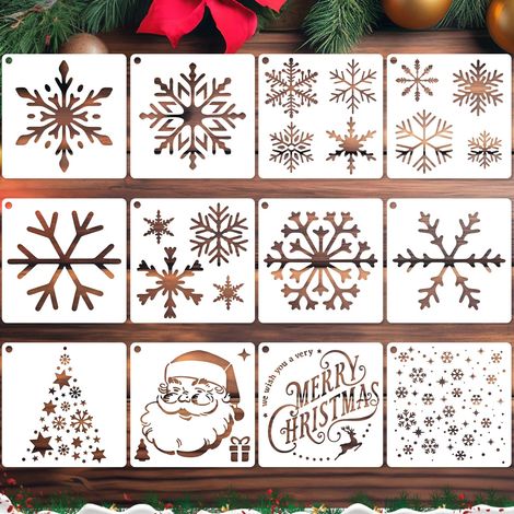 12 Pièces Pochoirs de Noël flocon de neige, Pochoirs de Dessin Pochoirs de Peinture Noël, Pochoir Dessin de Noel Réutilisables, Pochoir Peinture en Plastique DIY mur porte fenêtres Décoration (1/5)