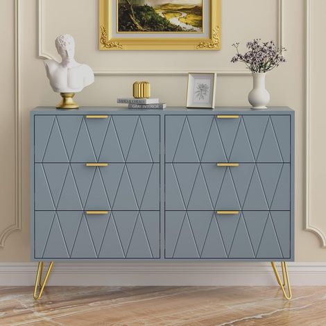 UEV Cassettiera 6 Cassetti, Comò in Legno, Mobile Cassettiera Salvaspazio per Camera da Letto, Soggiorno, 100 x 34 x 73cm, Blu Grigio