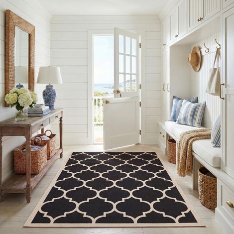 Tapis rectangulaire d'intérieur/extérieur treillis tissé, collection Cour, CY6914, en noir / beige, 201 X 290 cm pour le jardin, le patio ou tout autre espace extérieur. (1/5)