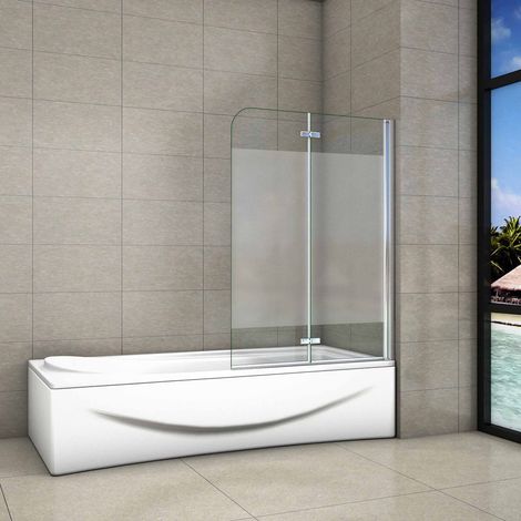 Sopravasca Parete Per Vasca Apribile 180 Gradi Montaggio verso Destro 100x140 cm in Vetro Temperato 6mm Trasparente Anticalcare Fascia Centrale Opaca (1/5)