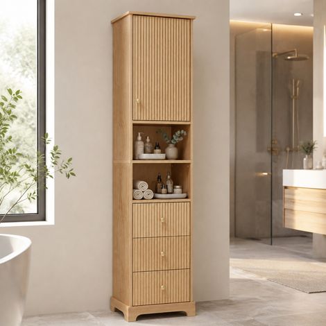 Mobile bagno a colonna MDF colore naturale 40 cm con 3 cassetti, 1 anta e ripiani aperti (1/5)