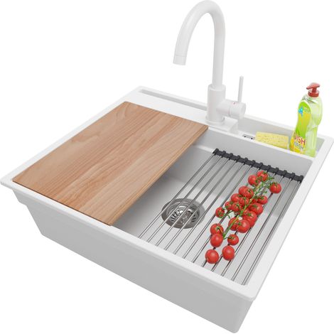 PRIMAGRAN Evier Cuisine en Granit 58x53cm, Lavabo 1 bac + Robinet 32x20cm + Kit de Vidage + Accessoires, Évier à Encastrer au meuble 60cm - Oslo Pocket, Blanc (1/5)