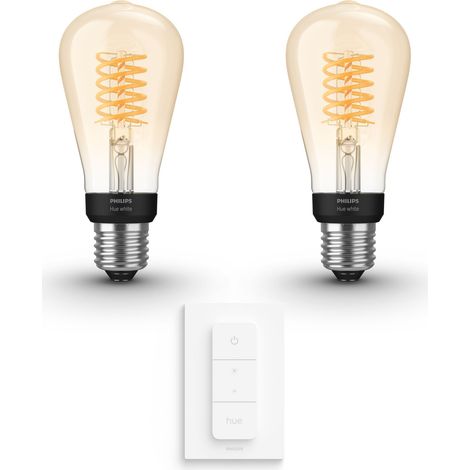 Philips Hue Kit d'extension E27 avec 2 Ampoules à filament Edison Petite (ST64) Lumière blanche chaude - Comprend 1 Variateur de lumière - White (1/5)