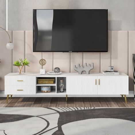 Mobile TV con cassetti e ripiani, per televisori da 75 pollici, Credenza bassa, Tavolino, 180 x 35 x 41 cm, Bianco (1/5)