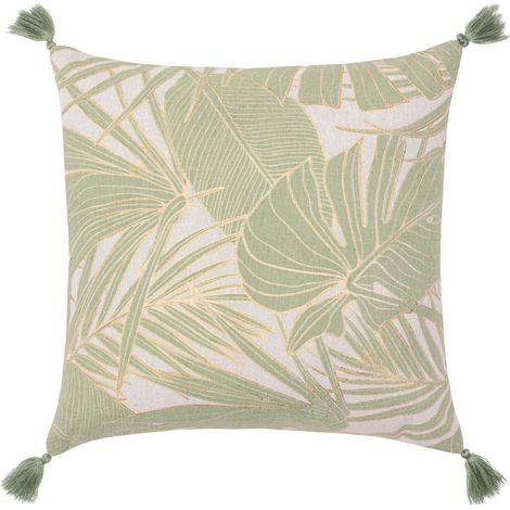 Coussin Déco à Pompons "Alanis" 45x45cm Vert (1/5)