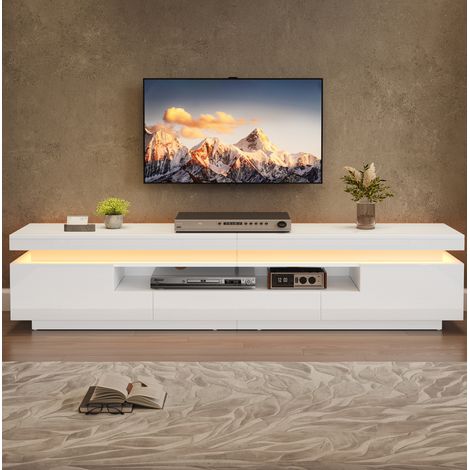 Meuble TV 175x38x45 cm en panneaux de particules blanc, avec rangement LED pour salon FloraGrace (1/5)
