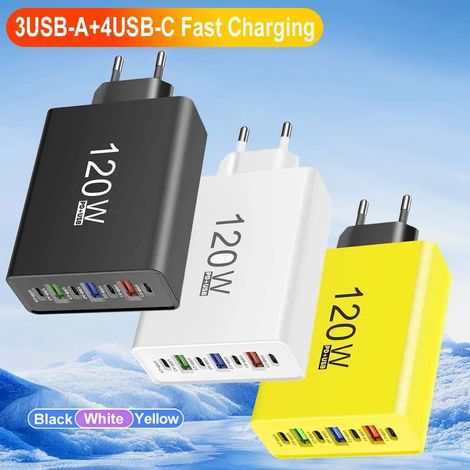 Ortviai – Chargeur mural 120 W à 7 ports – 4 USB-C et 3 USB-A, charge rapide, prise européenne – compatible iPhone, Samsung, Huawei et tablettes – noir (1/5)
