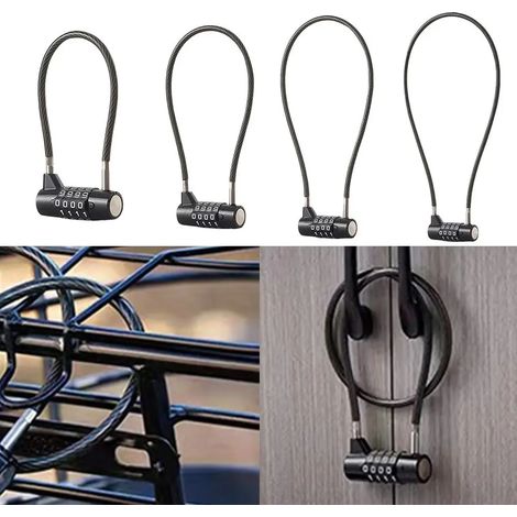 Cadenas à combinaison 4 chiffres en alliage de zinc, câble métallique, réinitialisable, pour casier de dortoir, antivol pour vélo. (1/5)