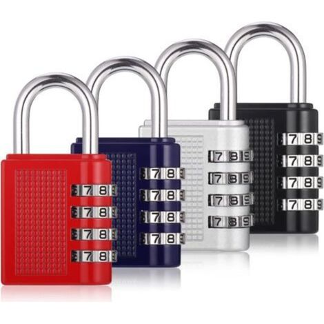 Lot de 4 cadenas à combinaison à 4 chiffres, cadenas d'extérieur étanche pour casier de gymnase, école, code, bagages (noir, rouge, argent, bleu) (1/4)