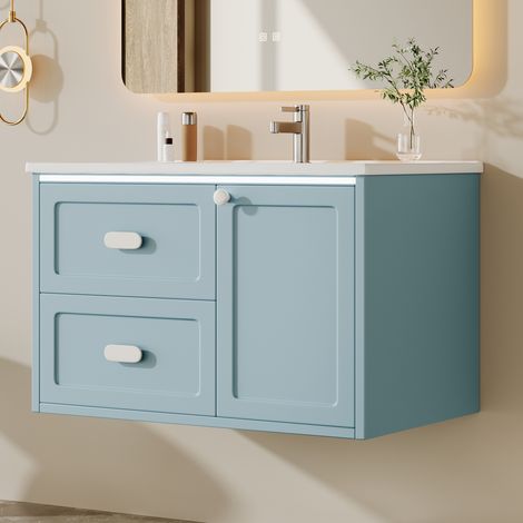 Meuble de salle de bain suspendu 76x46x51 cm - Vasque intégrée - 2 tiroirs et 1 porte - Avec LED - Finition laquée - Bleu (1/5)