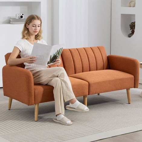 Canapé Convertible 2 Places Design scandinave Dossier inclinable 3 Positions Pieds Bois Tissu Aspect Lin marron