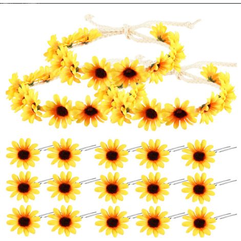 Pinces À Cheveux Tournesol - 15 Pièces Pinces + 3 Bandeaux Couronne Fleurie - Accessoires Cheveux Femme - Pour Cheveux Longs Courts Bouclés Lisses - Lot Complet (1/5)