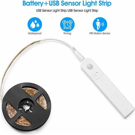 2M Ruban Led avec Détecteur de Mouvement, 120LED Dimmable Bande Led à Piles, Lumiere Led, Bandeau LED Autocollant, Bande Lumineuse pour Cuisine Placard Murale Armoire Escaliers (Blanc froid) (1/5)