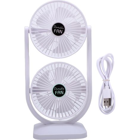Ventilateur de bureau double tête rechargeable USB, 3 vitesses, portable, électrique, sur pied, pour la maison, le bureau, la résidence étudiante et les voyages (blanc). (1/5)
