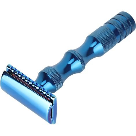 Vintage Zweiklingen-Sicherheitsrasierer mit rutschfestem, blauem Metallgriff für die Herrenrasur (1/5)