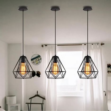 3PCS Lampe Suspension en Diamant Cage Fer Forge Vintage Lustre Luminaire Industrielle Noir pour Salon Chambre Cuisine (1/4)