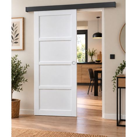 Porte Coulissante Tamera Blanc 4 Panneaux H204 X L83 Cm, Rail Alu Bandeau Noir, Coquilles Blanc Gd Menuiseries (1/3)