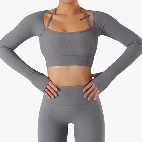 Haut de yoga femme, col rond, dos nu, manches longues, passe-pouces, avec coussinets de poitrine, gris, taille XL. Vêtements de sport pour l'entraînement. Gris, taille XL. (1/5)