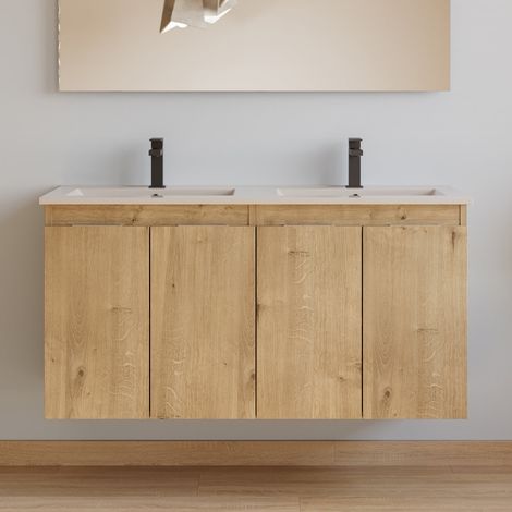 Meuble de salle de bain 120cm double vasque - 4 portes - sans miroir - roble nudos (chêne clair) - ROSIE