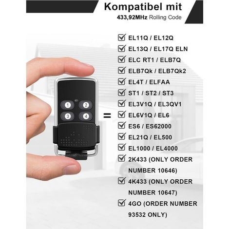 Lot de 2 télécommandes 433 MHz pour porte de garage, porte de garage Hansender, 2 télécommandes de rechange compatibles avec eL11Q, eL12Q, eL13Q, eL17Q eLN, eLC RT1, eLB7Q, eLB7Qk, eLB7Qk2, eL4T,