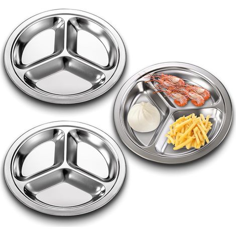 Lot de 3 Assiettes Divisées en Acier Inoxydable, Plateau de Service Alimentaire en Acier Inoxydable, avec 3 Copmpartment, pour Étudiants, Adultes, Camping, Restaurant (1/5)