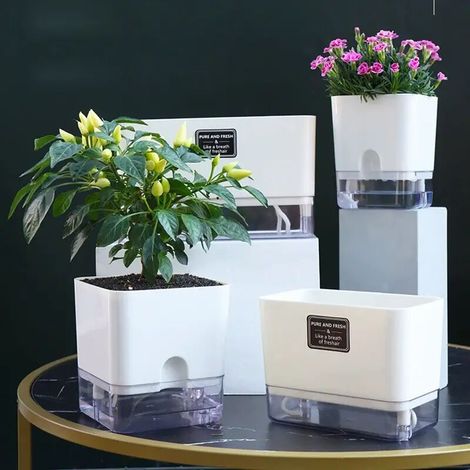 (G205) Nouveau pot de fleurs à arrosage automatique magnétique en plastique avec corde en coton auto-absorbante pour plantes à double étage - Accessoires de jardin
