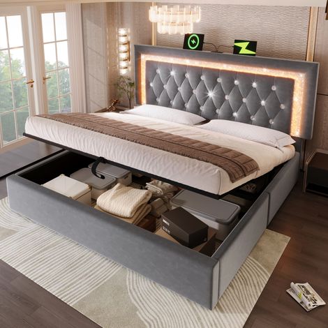Lit coffre 180x200 cm en velours gris avec LED, USB/USB-C, tête de lit réglable et sommier à lattes (1/5)