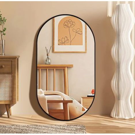 Miroir mural ovale 75 x 50 cm en verre trempé avec cadre aluminium doré, miroir design moderne pour salle de bain et chambre
