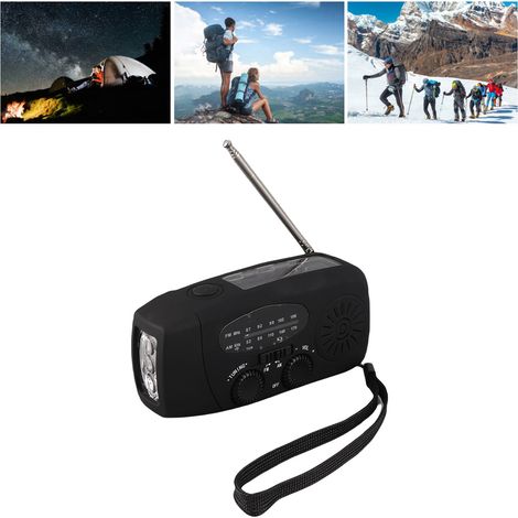 Radio de emergencia multifuncional con carga solar/manual, luz LED y batería de 1200 mAh, ABS, 12,8 x 6 x 4,5 cm, negro, Europa (1/5)
