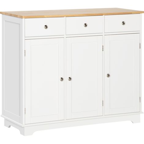 Sideboard with Rubber Wood Top, Modern Storage Cabinet, Kitchen Cupboard with 3 Doors, 3 Drawers and 3 Adjustable Shelves for Dining Room, Living Room, White