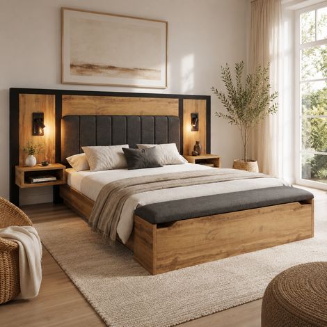 Lit double 180x200cm avec rangement chevets intégrés banc coffre lampes led usb-c - mdf métal lin - effet chêne (1/5)