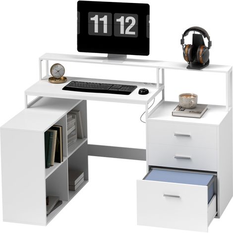 Bureau en bois blanc 138.5x90x92 cm avec 2 tables, 4 étagères, 3 tiroirs et support pour écran, pour espace de travail.