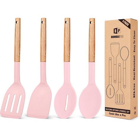 Silikon Kochutensilien Set 4-teilig Rosa mit Holzgriff, antihaftbeschichtet, hitzebeständig
