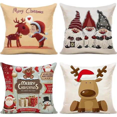 Ensemble de 4 housses de coussin décoratives en lin, motif Père Noël et renne, 45 x 45 cm, pour la décoration de Noël (1/5)