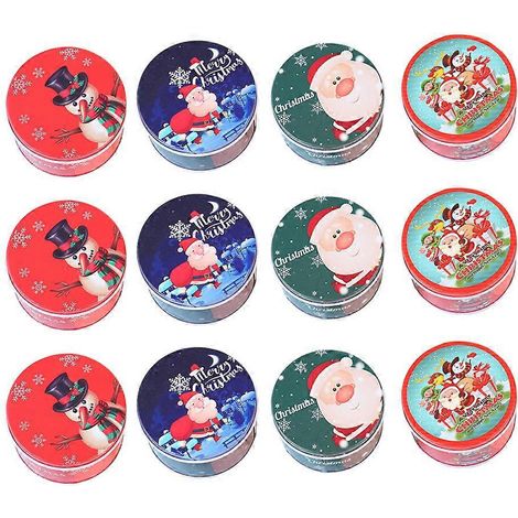 Lot de 12 boîtes à bonbons rondes en fer-blanc, motif aléatoire, pour Noël. Idéales pour ranger biscuits, thé ou autres cadeaux.