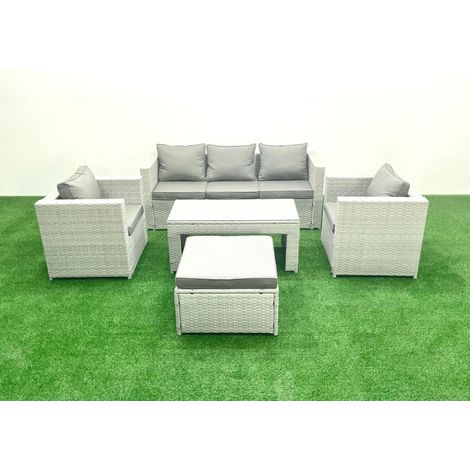 Fimous Rattan Garden Furniture Set 5 Pieces Outdoor Garden Sofa Oblong Coffee Table Set with 2 Chairs Stool Light Grey Mixed (1/5)