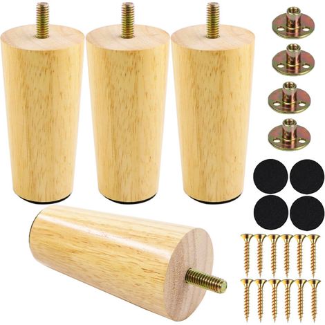 4 Pieds de Meubles en Bois 12 CM Pied de Canapé Pied pour Lit à Visser, Pieds de Rechange pour Meuble en Bois Conique avec Boulons Pré-percés, Plaques de Montage et Vis (1/5)