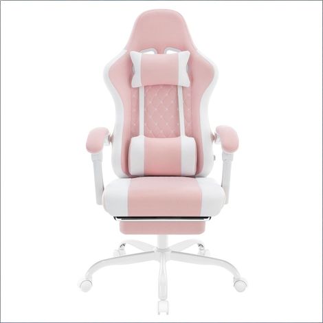 CAIziFauteuil gaming massant ergonomique avec repose-pieds, rose et blanc