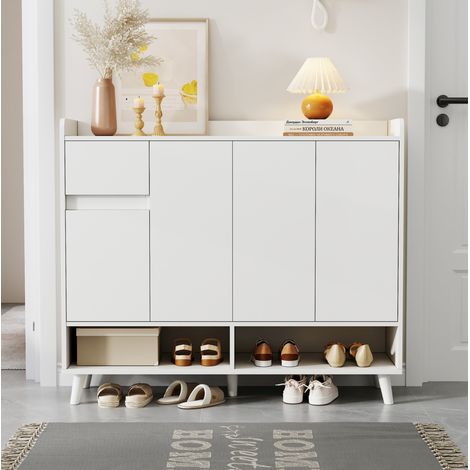 Buffet 120x35x99 cm en panneaux de bois blanc, avec rangement gain de place pour salon, FloraGrace (1/5)