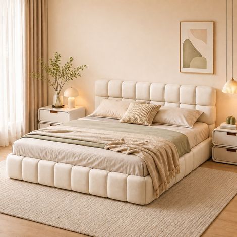 Lit 140 x 200 - Lit double 140 x 200 - Lin beige - Lit capitonné avec dossier moelleux - Lit adulte style scandinave - Sommier à lattes