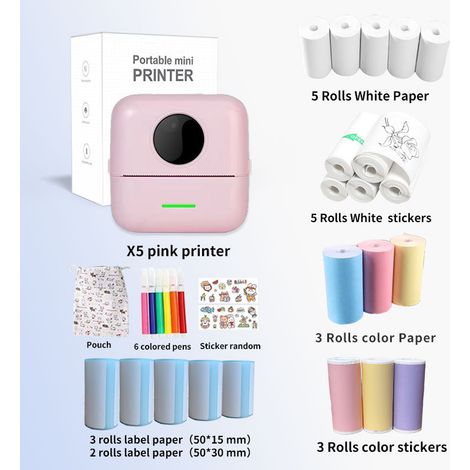 Mini Printer - Portable Mini Pocket Label, Picture, Error Correction Thermal Bluetooth Printer - X5 Toner + 5 Thermal Papers + 5 Self-adhesive Stickers + 5 Label Papers + 3 Color Papers + 3 Color Self (1/4)