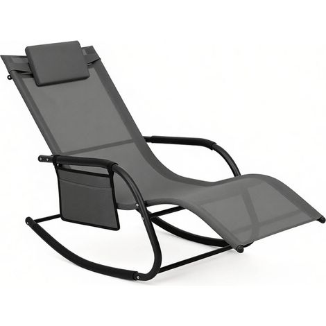 Tumbona reclinable con bolsillo lateral, mecedora de exterior de metal y poliéster, gris (1/5)