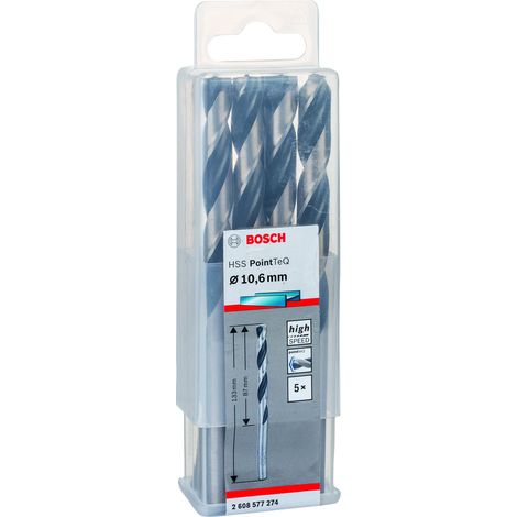 Bosch Accessories 2608577274 HSS PointTeQ (10,6 x 87 x 133 mm) - Set da 5 Pezzi di Punte Elicoidali per Trapano per Metallo, Acciaio, Fusione o Plastica, Grigio (Argento), Ø 10.6 mm