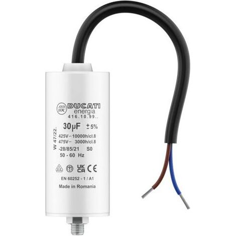 Condensateur 30 uF 450V pour moteur monophasé – Câble 240 mm – Polypropylène – Durée d'utilisation 10 000 heures (1/2)