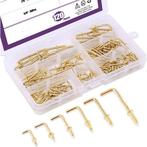 120 pcs 6 tailles à vis en métal Laiton plaqué or carré Bend Crochets kit, Doré carré Bend Crochets Vis à tôle Crochets pour Home/lieu de travail/bureau (1/5)